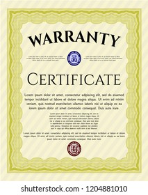 Yellow Formal Warranty Certificate template. With quality background. Detailed. Cordial design. 