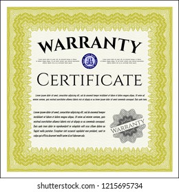Yellow Formal Warranty Certificate template. With guilloche pattern. Vector illustration. Money design. 
