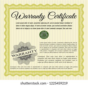 Yellow Formal Warranty Certificate template. Detailed. With complex background. Beauty design. 