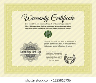 Yellow Formal Warranty Certificate template. Vector illustration. With guilloche pattern and background. Retro design. 