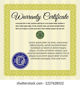 Yellow Formal Warranty Certificate template. Excellent design. Complex background. Customizable, Easy to edit and change colors. 