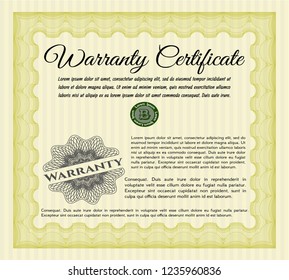 Yellow Formal Warranty Certificate template. Easy to print. Nice design. Detailed. 