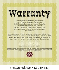 Yellow Formal Warranty Certificate template. Money style design. Detailed. With complex linear background. 