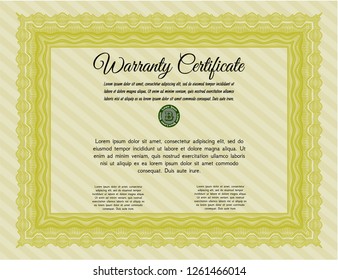 Yellow Formal Warranty Certificate template. Beauty design. Easy to print. Detailed. 