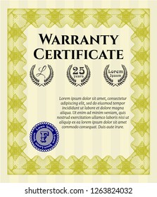 Yellow Formal Warranty Certificate template. Lovely design. Vector illustration. Easy to print. 