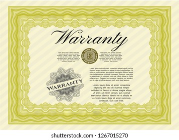 Yellow Formal Warranty Certificate template. Sophisticated design. With background. Vector illustration. 