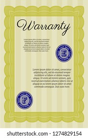 Yellow Formal Warranty Certificate template. With guilloche pattern. Vector illustration. Money Pattern. 