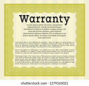 Yellow Formal Warranty Certificate template. Sophisticated design. Complex background. Vector illustration. 