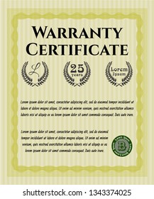 Yellow Formal Warranty Certificate template. Money Pattern design. Vector illustration. With quality background. 
