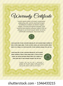 Yellow Formal Warranty Certificate template. Money design. With linear background. Detailed. 
