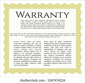 Yellow Formal Warranty Certificate template. With guilloche pattern. Detailed. Excellent design. 