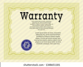 Yellow Formal Warranty Certificate template. Perfect design. Customizable, Easy to edit and change colors. With great quality guilloche pattern. 