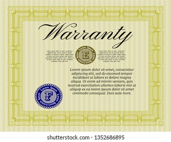 Yellow Formal Warranty Certificate template. Vector illustration. With complex background. Artistry design. 