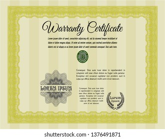 Yellow Formal Warranty Certificate template. With guilloche pattern. Customizable, Easy to edit and change colors. Elegant design. 