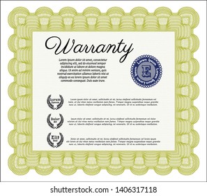 Yellow Formal Warranty Certificate template. Money Pattern design. Detailed. With linear background. 