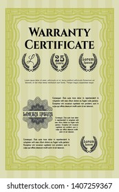 Yellow Formal Warranty Certificate template. Money design. Printer friendly. Detailed. 