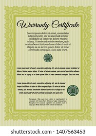 Yellow Formal Warranty Certificate template. With guilloche pattern and background. Vector illustration. Lovely design. 