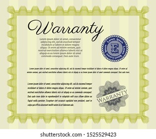 Yellow Formal Warranty Certificate template. Cordial design. With linear background. Vector illustration. 