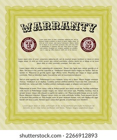 Yellow Formal Warranty Certificate template. Money style design.  With guilloche pattern and background.   