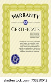 Yellow Formal Warranty Certificate template. Detailed. With guilloche pattern. Excellent design. 