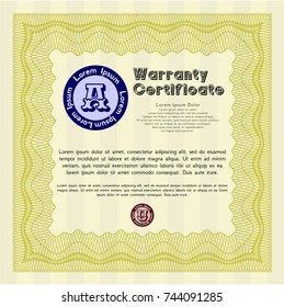 Yellow Formal Warranty Certificate template. With guilloche pattern. Cordial design. Detailed. 
