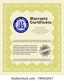 Yellow Formal Warranty Certificate template. Money Pattern. Detailed. With guilloche pattern and background. 