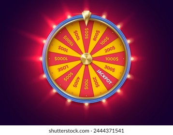 Yellow fortune wheel at backlight color realistic vector illustration. Gambling game chances. Casino roulette 3d object on rouge background