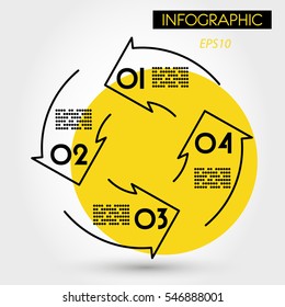 yellow four linear infographic arrows in circle, four options