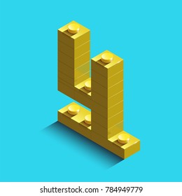 yellow four three from constructor lego bricks on blue background. 3d lego number four