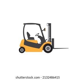 Yellow four wheel electric counterbalance forklift without an operator on a white background. Flat vector illustration on white background