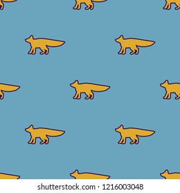 Yellow fox pattern. Silhouettes fox. Seamless pattern for kids design. Blue background.