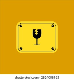 Yellow Fragile Warning Sign Vector Illustration. Breakable Glass Symbol Icon For Shipping And Packaging Isolated On White Background