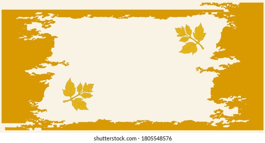 Yellow frame, brush strokes, maple leaves - vector. Autumn banner horizontal