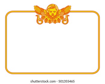 Yellow frame with cherub in vintage style. Custom element for design artworks. Vector clip art.