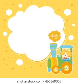 Yellow frame with a clown. Funny train. Stars. Baby background. Vector illustration. For holiday. 