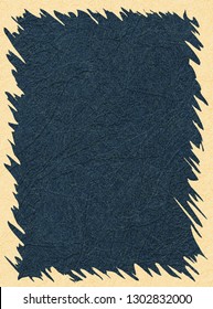 Yellow frame on blue background with scratched skin texture, grunge. Flat style, vector with noise, marble textured backdrop. Space for your text and other design elements.