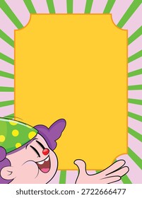 Marco amarillo con los rayos rosados y el payaso verde que se asoma del borde, espacio en blanco del centro para el texto, borde de la invitación del partido
