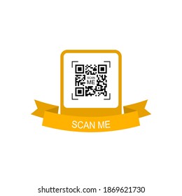 Yellow frame with ribbon for qr code. Creative concept qr code. Scan me. Vector