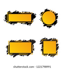 Yellow frames with black brush strokes for text, banners different shapes. Vector set. For websites,placards, brochures, posters, covers, flyers