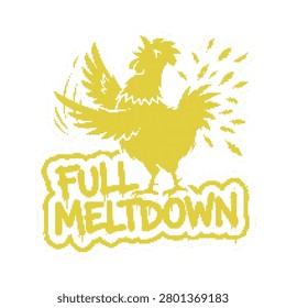 A yellow of a frantic chicken having a full meltdown with feathers flying, isolated on a white background.