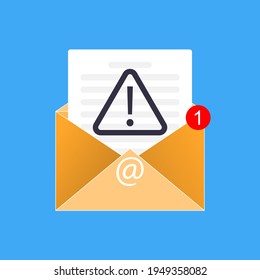 Icono amarillo de la letra de fraude con documento, signo de advertencia de exclamación de alerta, notificación roja y símbolo de correo electrónico en. Ilustración de correo del boletín de phishing de vectores. Estafa y spam malicioso