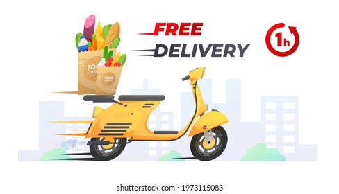 Yellow free delivery retro scooter motorbike, moped with groceries, food on the way, red 1hour clock icon and city on white. Vector illustration for flyer, poster, banner, web, advertising.