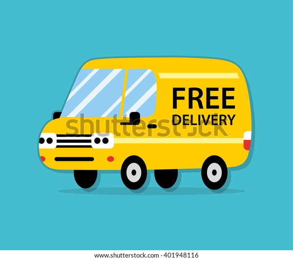 Yellow free\
delivery service van. Flat style\
icon.
