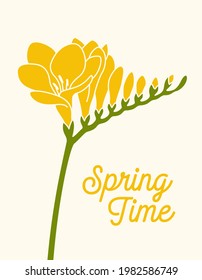 Yellow Freesia flower Spring Time linocut style vector illustration