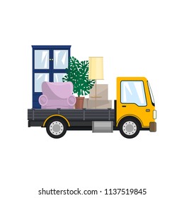 Yellow Freight Small Car is Transporting Furniture, Isolated on a White Background, Transportation and Cargo Delivery Services, Logistics, Vector Illustration