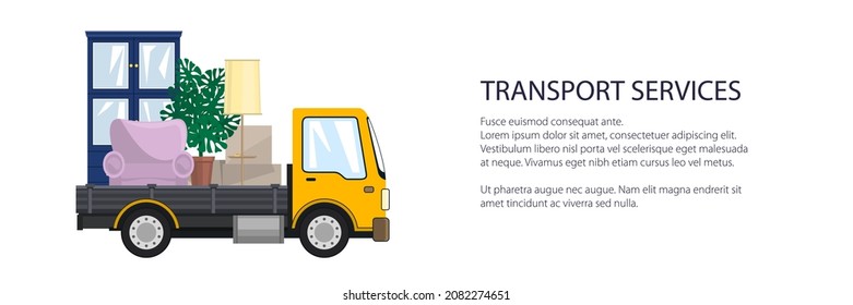 Yellow freight small truck is transporting furniture, transportation and cargo delivery services and logistics banner, vector illustration