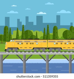 Yellow freight train moving on bridge on background of cityscape vector illustration. Railway transport design concept. Side view of powerful diesel locomotive. Cargo train on railroad.