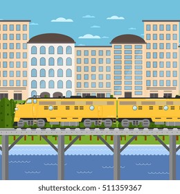 Yellow freight train moving on bridge on background of cityscape vector illustration. Railway transport design concept. Side view of powerful diesel locomotive. Cargo train on railroad.