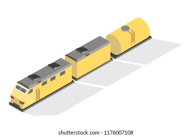 Yellow freight train on the railway. Transportation and delivery. Logistics industry. Isometric vector illustration