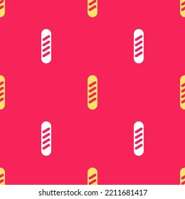 Yellow French baguette bread icon isolated seamless pattern on red background.  Vector